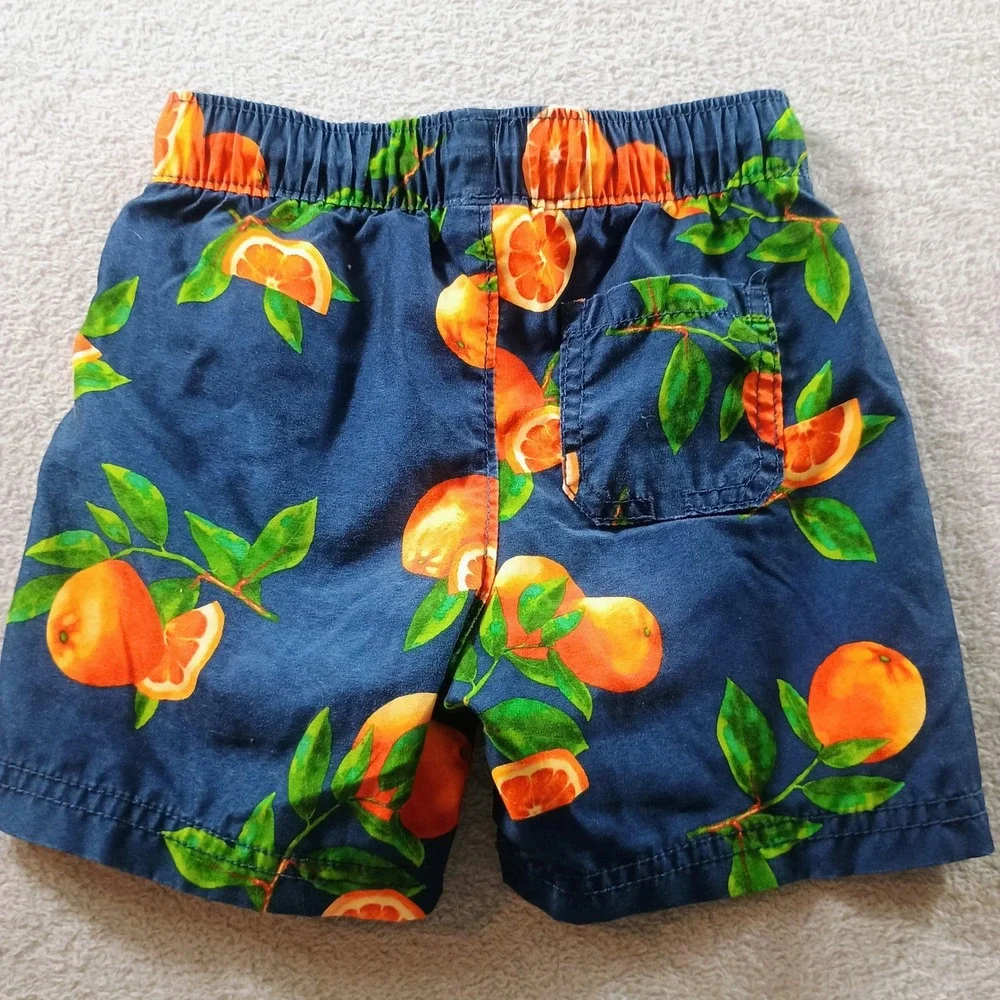 Old Navy Boys Swim Trunks Navy Orange Fruit Print 3T Elastic Waist
